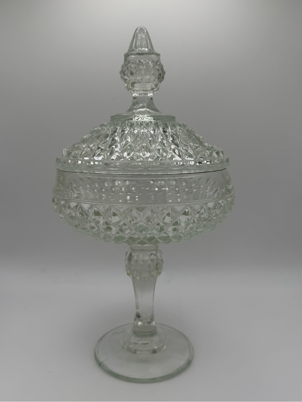 Vintage Indiana Glass Clear Diamond-Cut Covered Compote